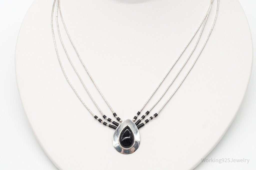 Vintage Native American Black Onyx Beaded Sterling Silver Necklace