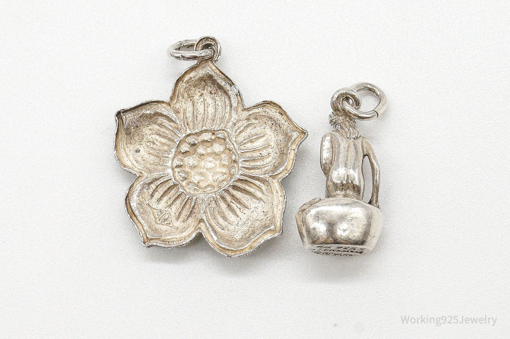Vintage Modernist Enamel Flower Little Mermaid Sterling Silver Pendants
