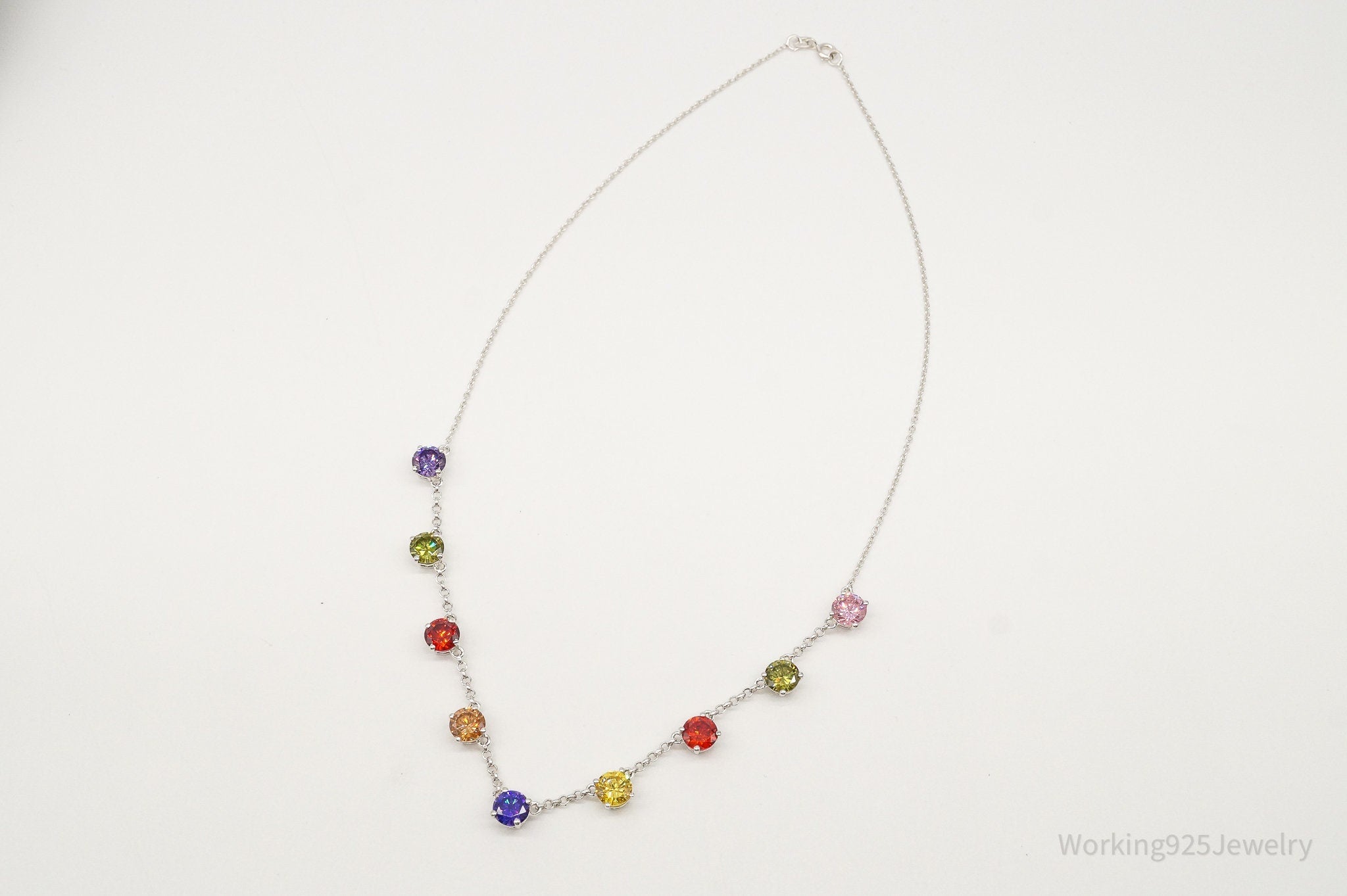 Vintage Multi Rainbow Colors Cubic Zirconia Sterling Silver Necklace