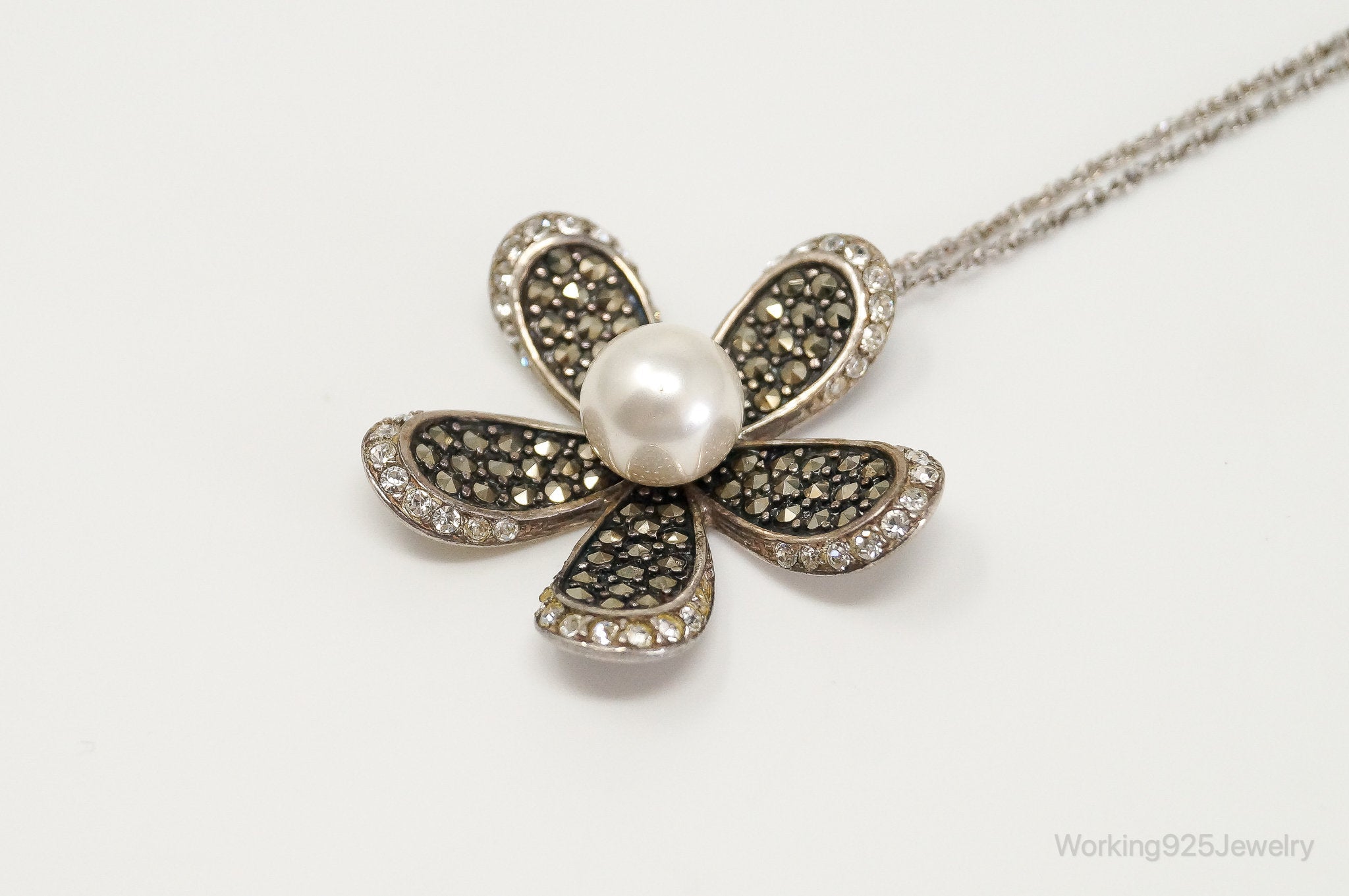 Vintage Designer SLC Pearl CZ Marcasite Sterling Silver Flower Necklace