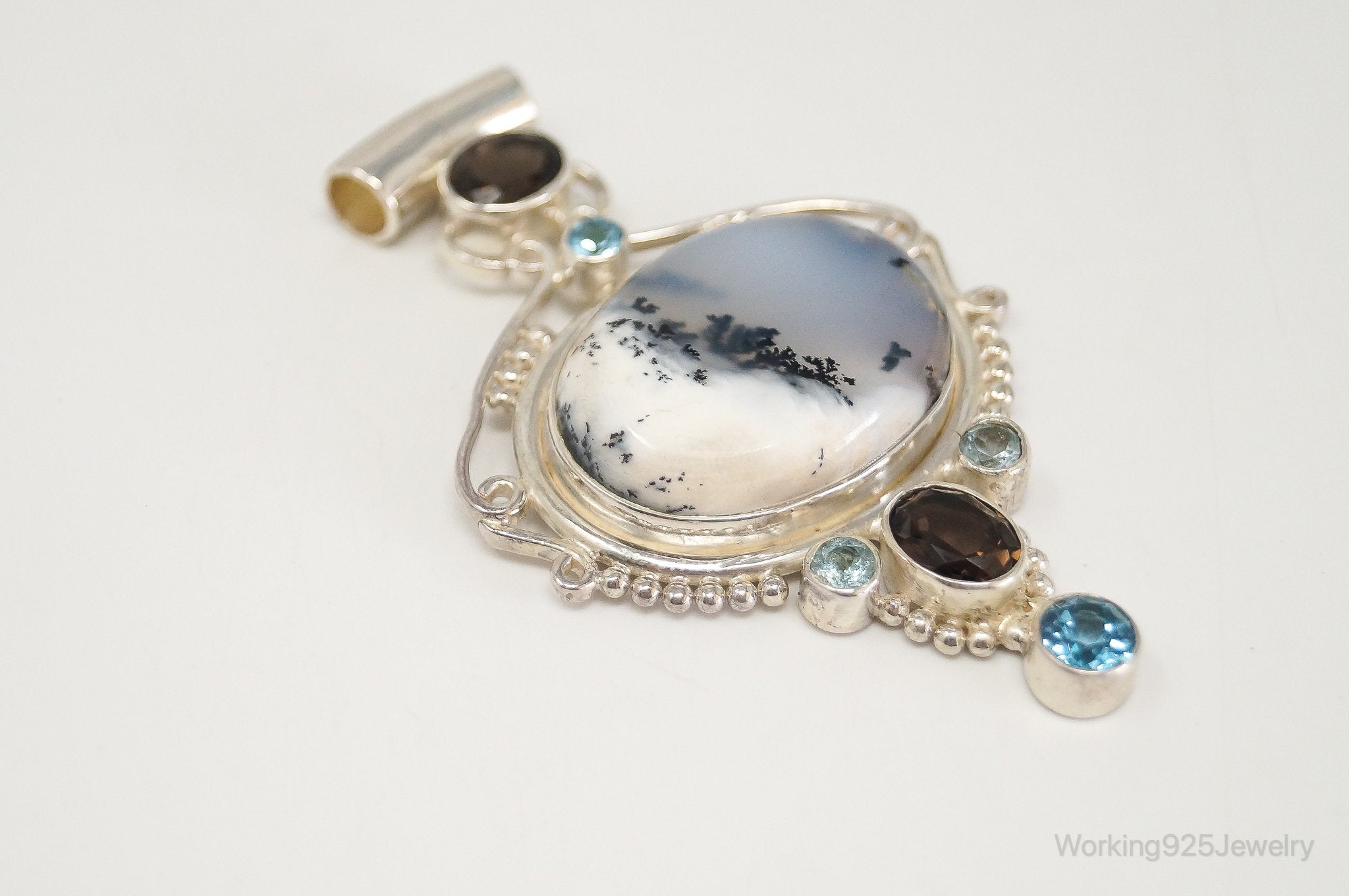 Large SAJEN Dendritic Agate Smoky Topaz Blue Topaz Sterling Silver Pendant