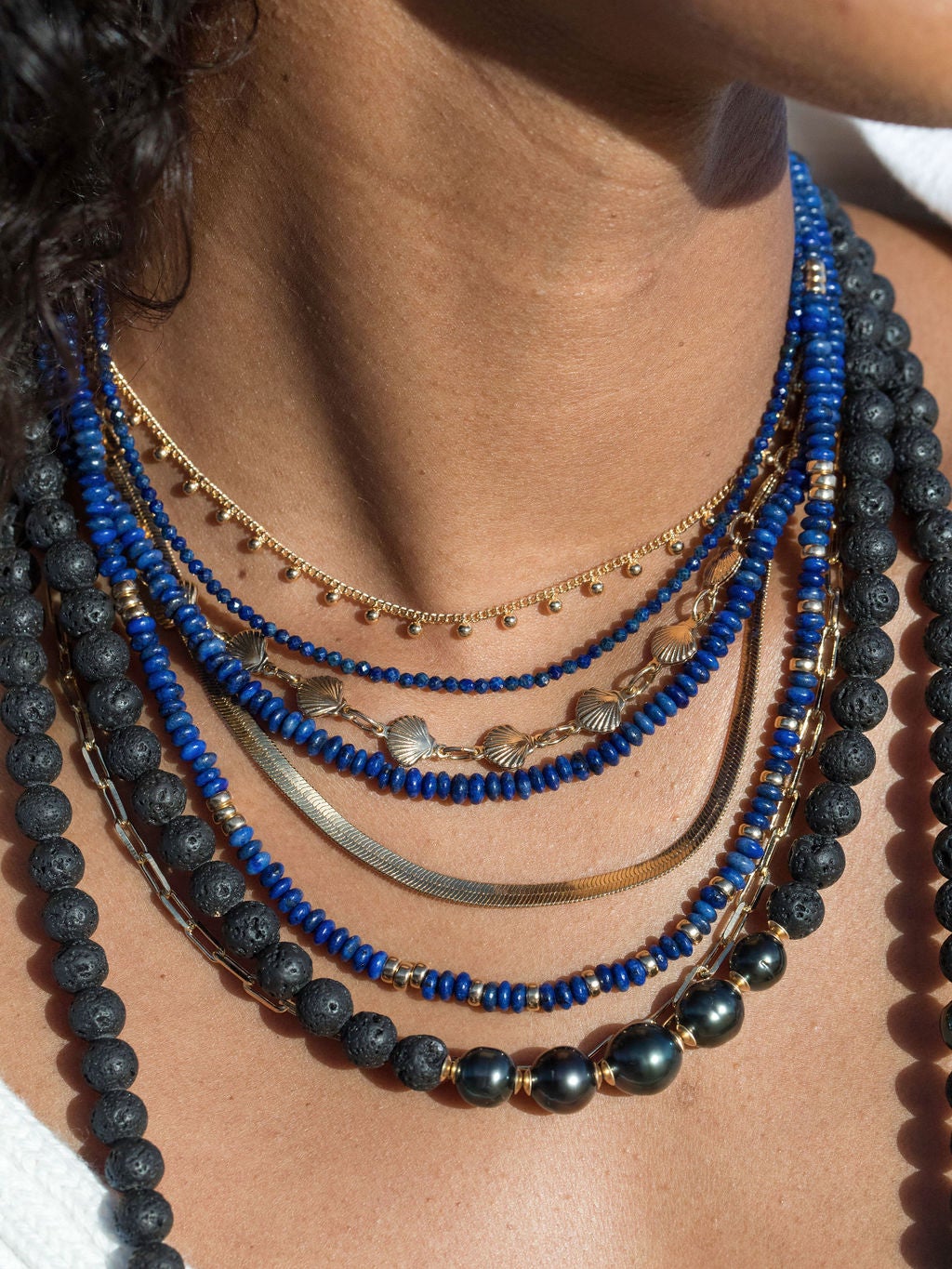 Five Black Tahitian Pearl Lava Bead Necklace - Moana