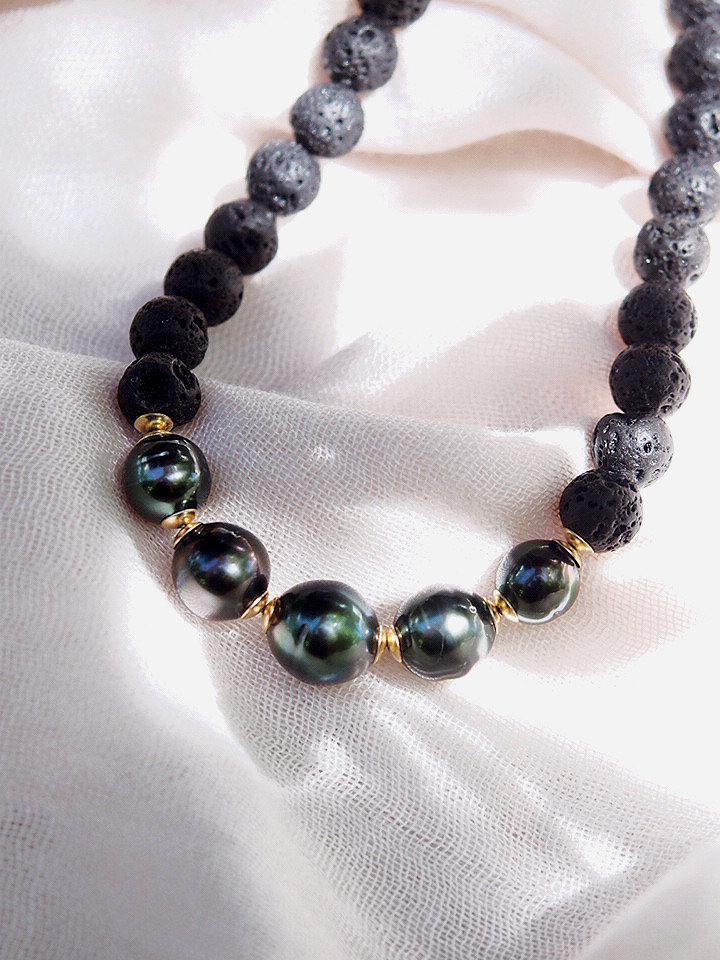 Five Black Tahitian Pearl Lava Bead Necklace - Moana