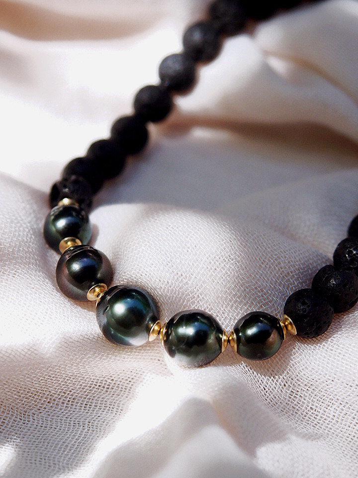 Five Black Tahitian Pearl Lava Bead Necklace - Moana