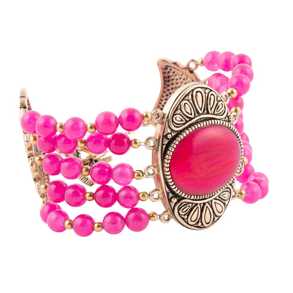 Flamenco Pink Magenta Agate Golden Statement Bracelet