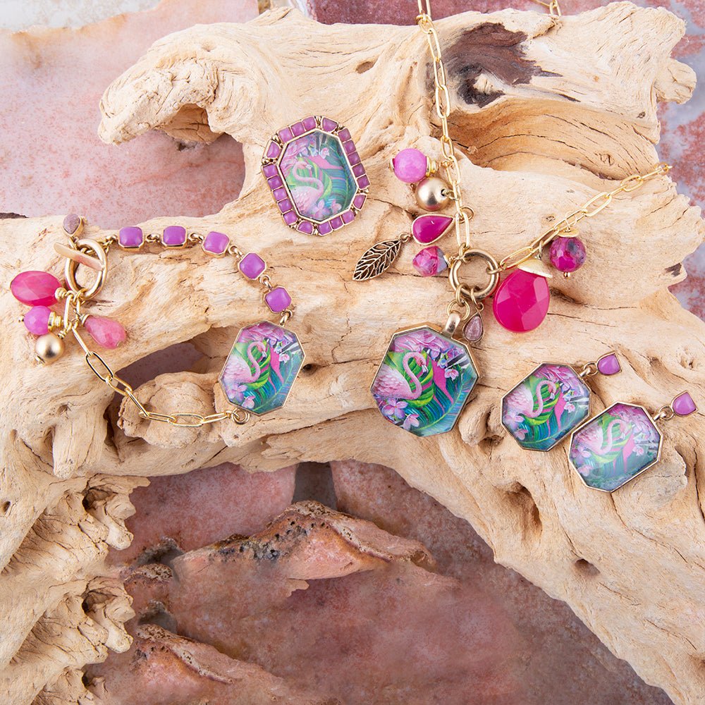 Flamingo Pink Agate Golden Statement Ring