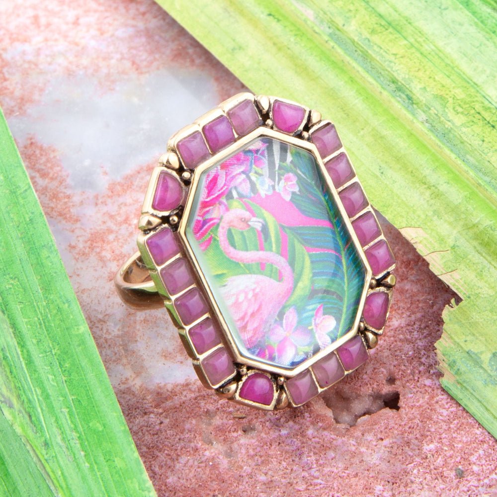 Flamingo Pink Agate Golden Statement Ring