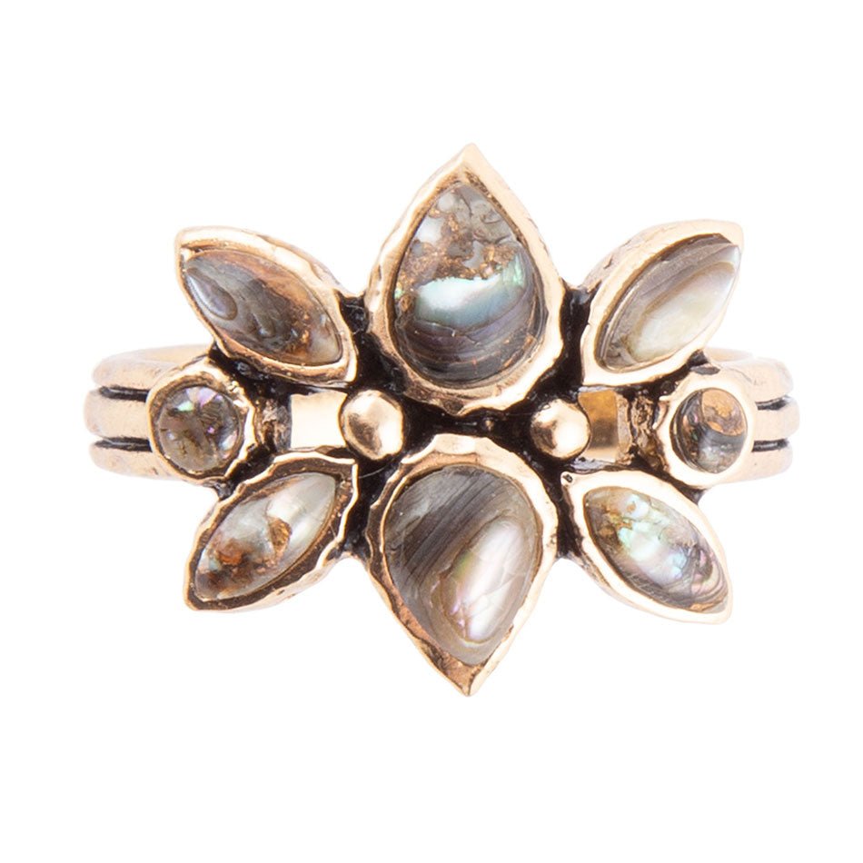 Floral Blue Abalone Golden Bronze Ring