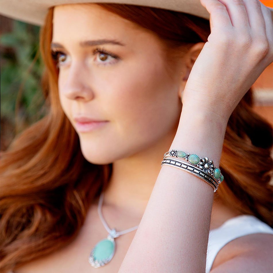 Floral Blue Turquoise and Sterling Silver Cuff Bracelet
