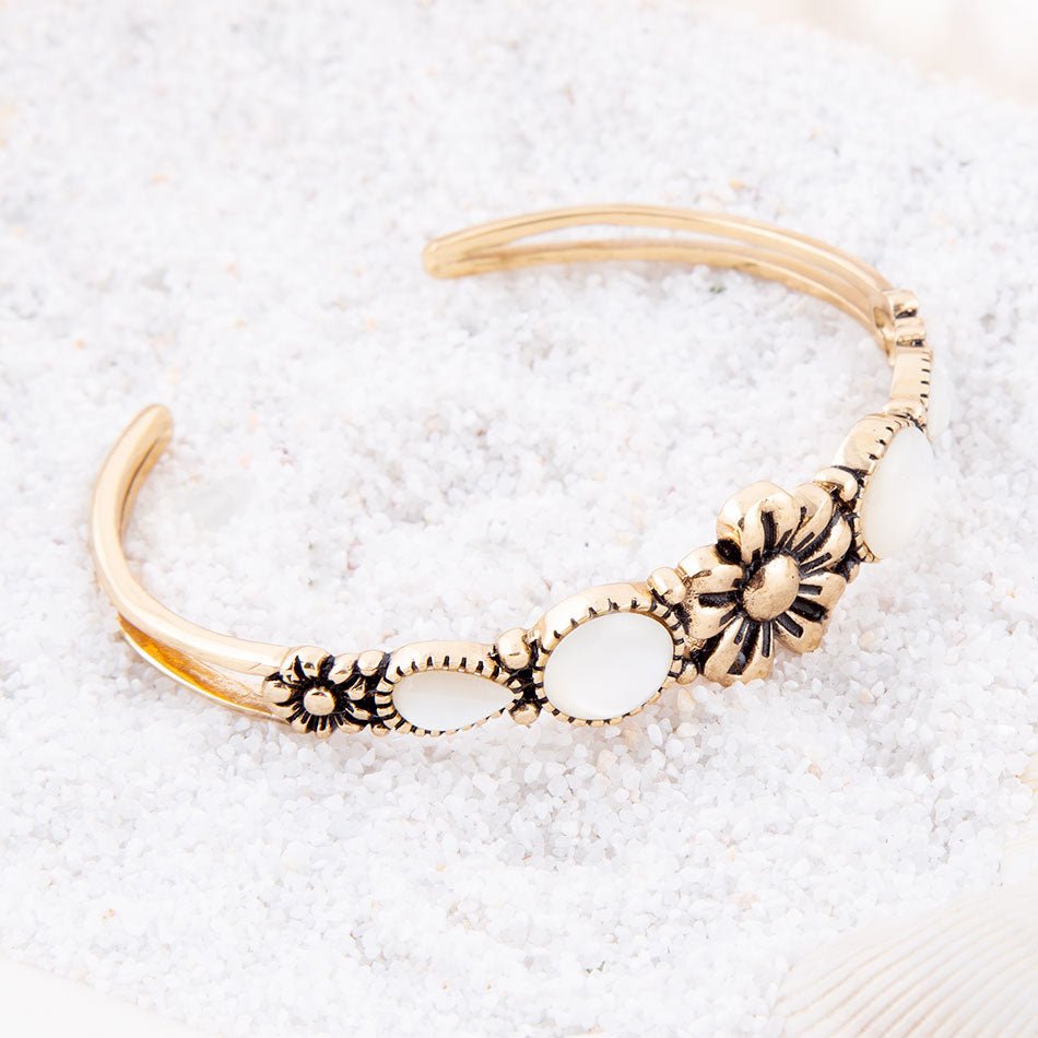 Floral White Mother of Pearl Golden Cuff Bracelet