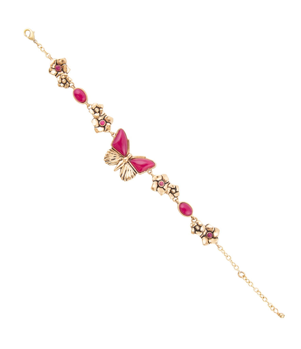 Pink Fuchsia Agate Golden Butterflies Adjustable Bracelet