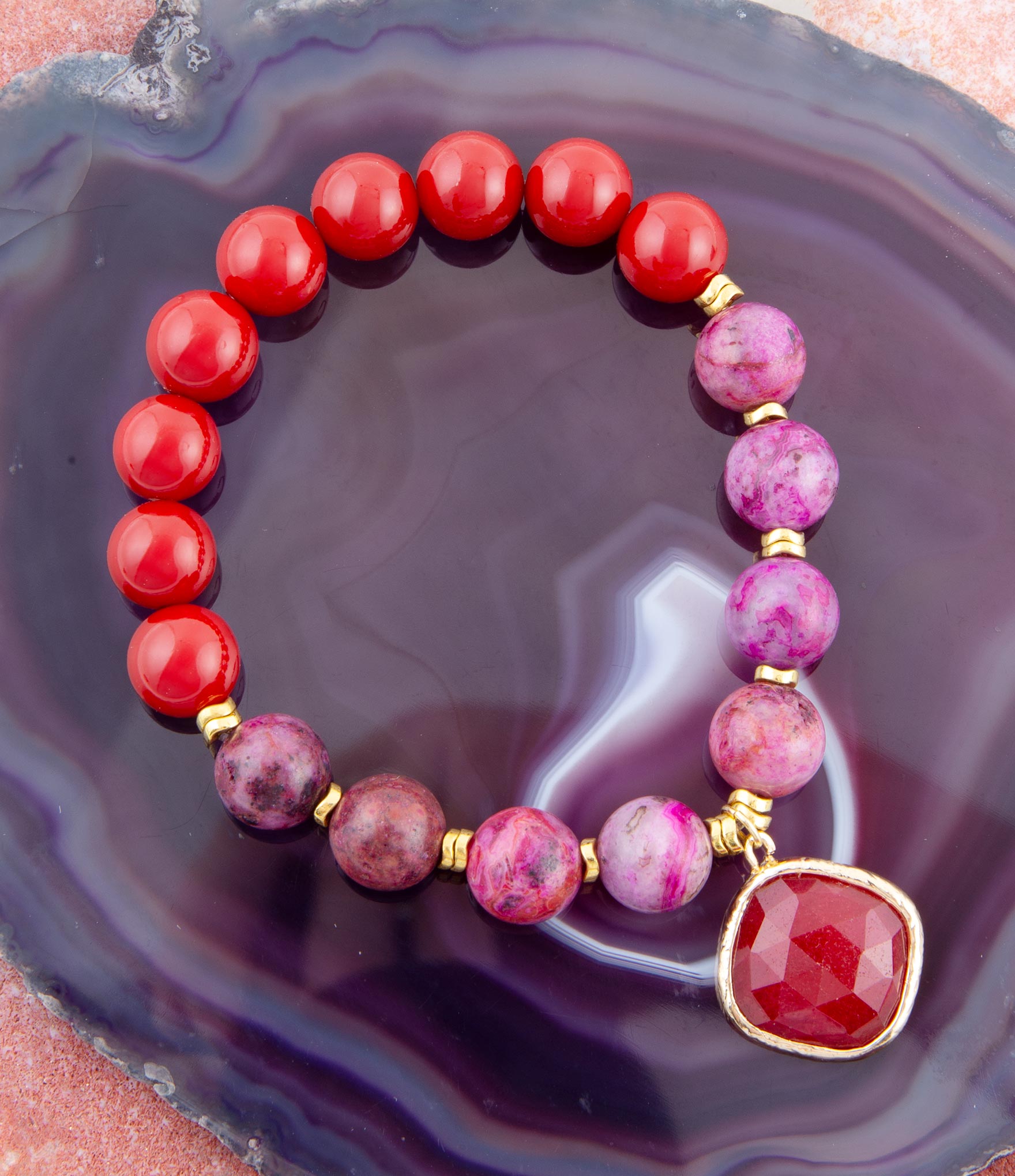 Fuchsia Agate Sunset Golden Bracelet