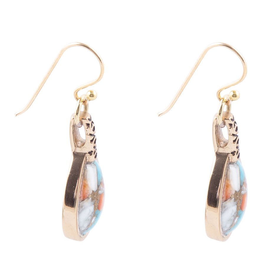 Blue and Orange Turquoise and Spiny Oyster Shell Stone Mix Golden Earrings