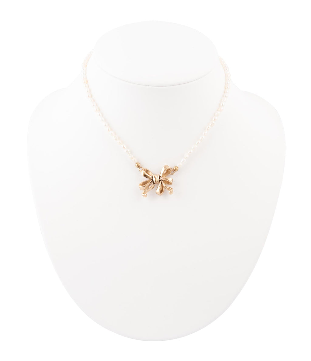 Gifted Freshwater White Pearl Golden Bow Pendant Necklace