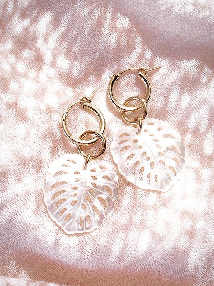 Gold Filled Latch Monstera Hoop Earrings - Makana