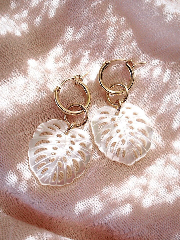 Gold Filled Latch Monstera Hoop Earrings - Makana