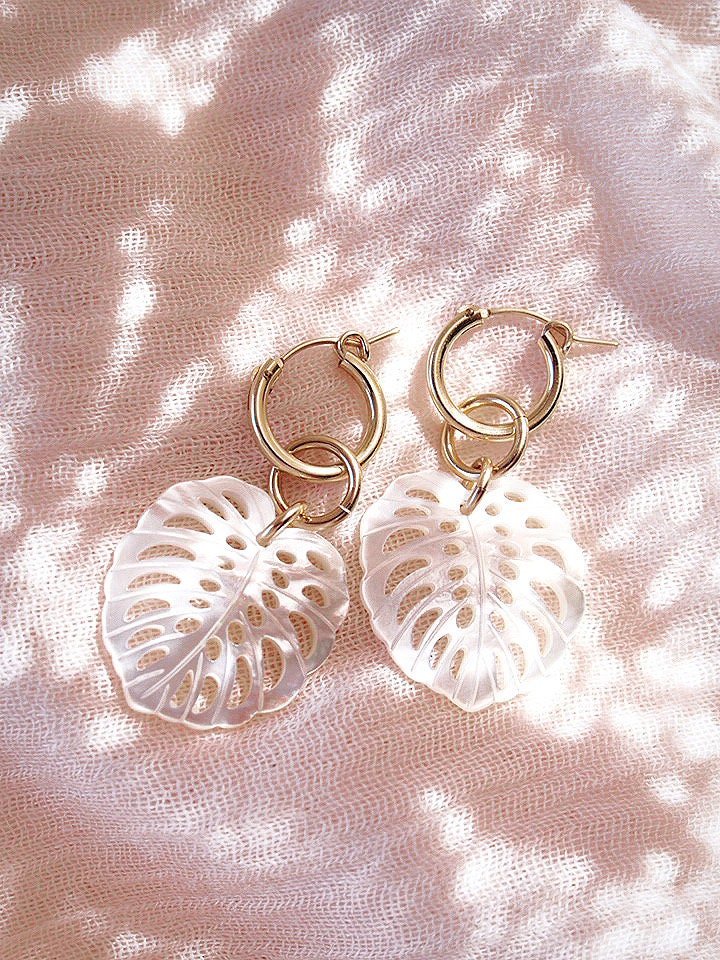 Gold Filled Latch Monstera Hoop Earrings - Makana