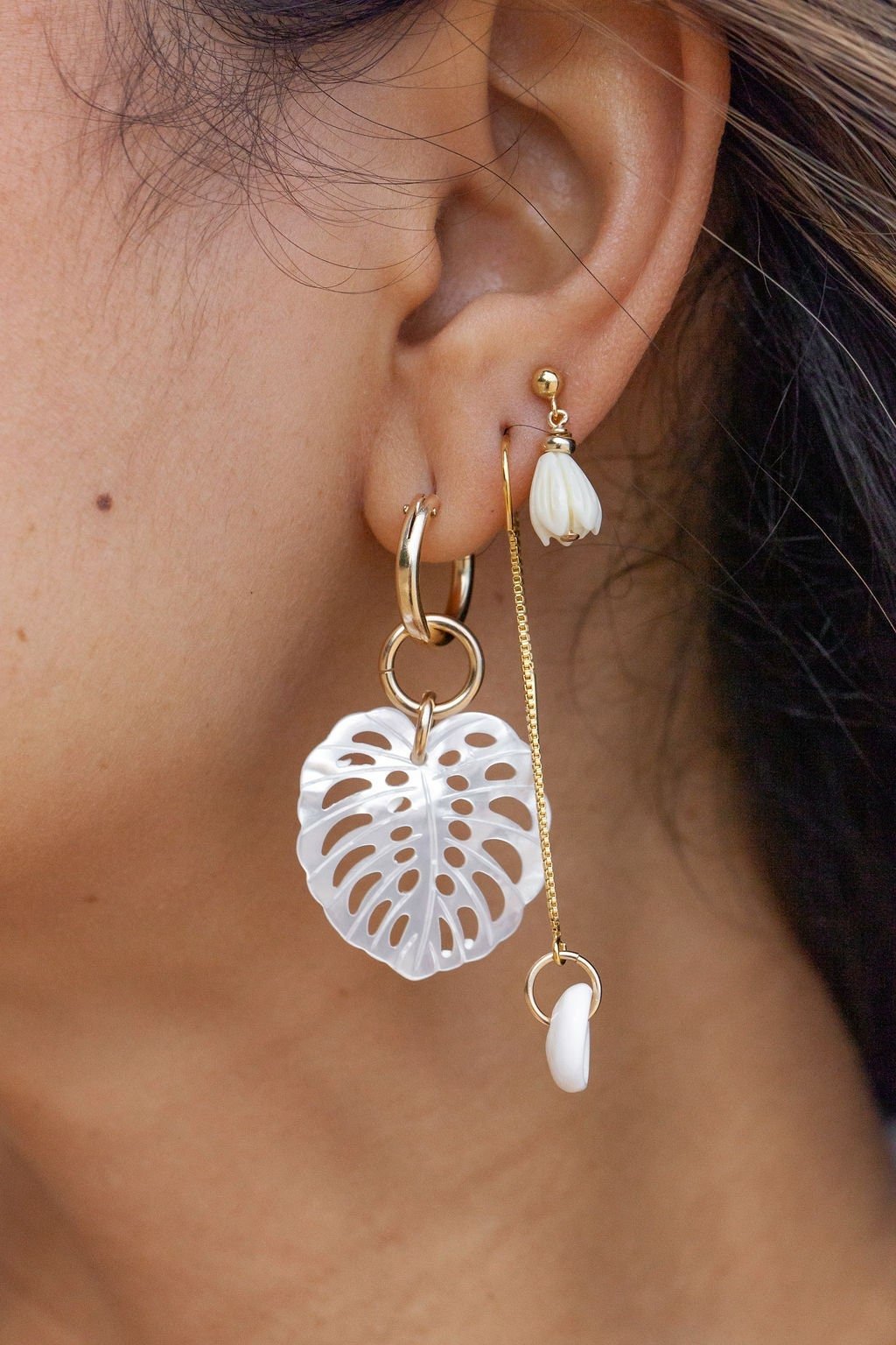 Gold Filled Latch Monstera Hoop Earrings - Makana