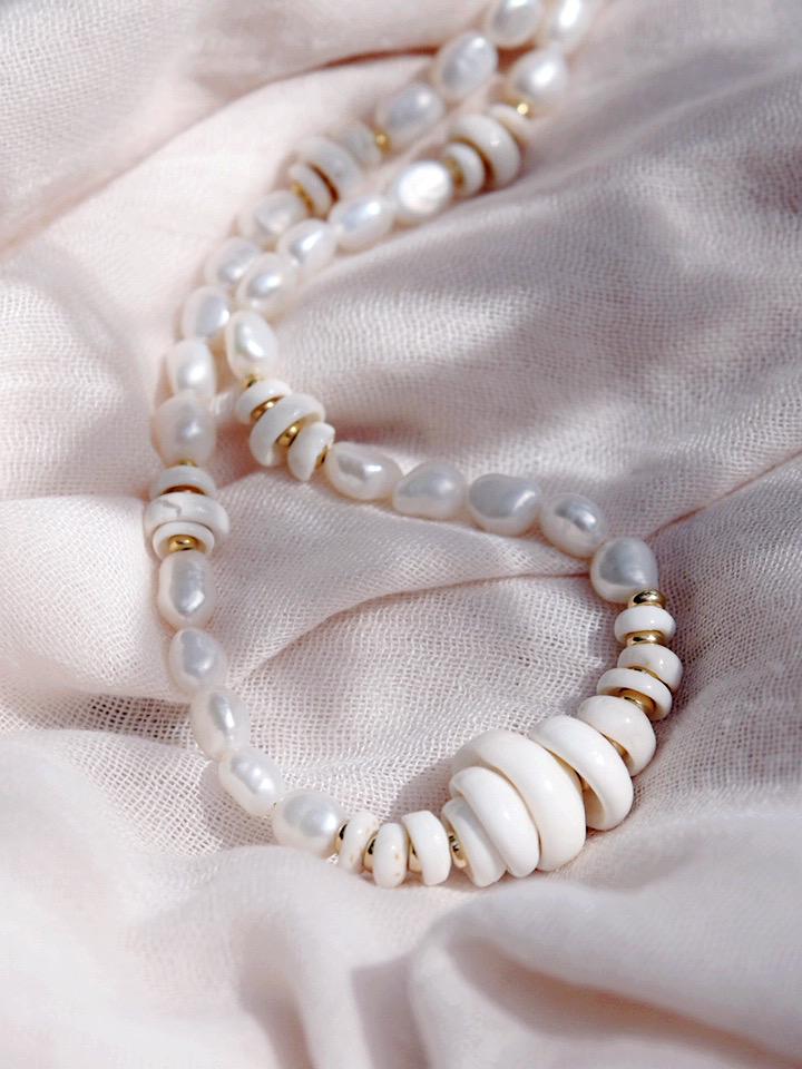 Gold Puka Shell Pearl Bead Necklace - Maka