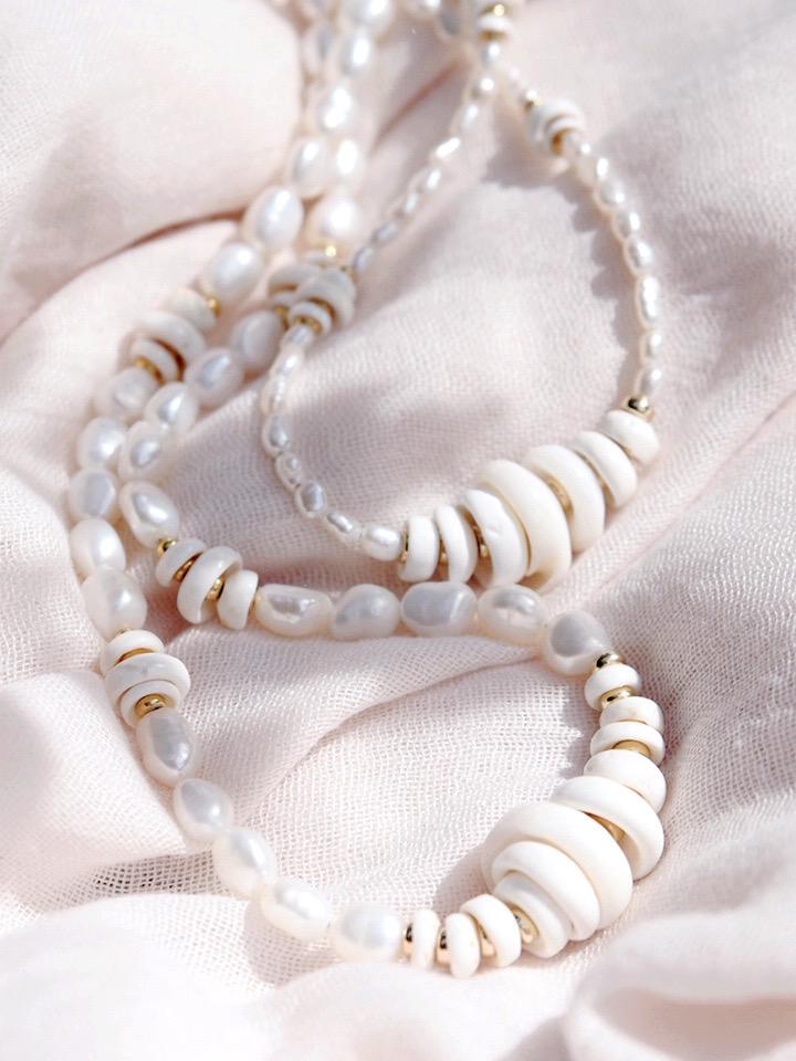Gold Puka Shell Pearl Bead Necklace - Maka