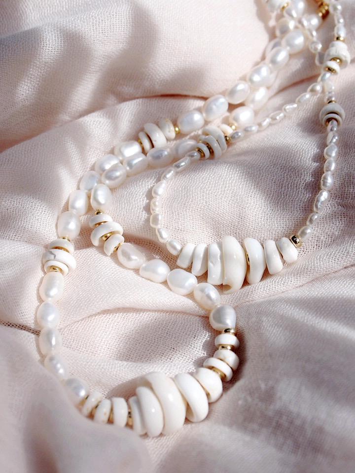 Gold Puka Shell Pearl Bead Necklace - Maka