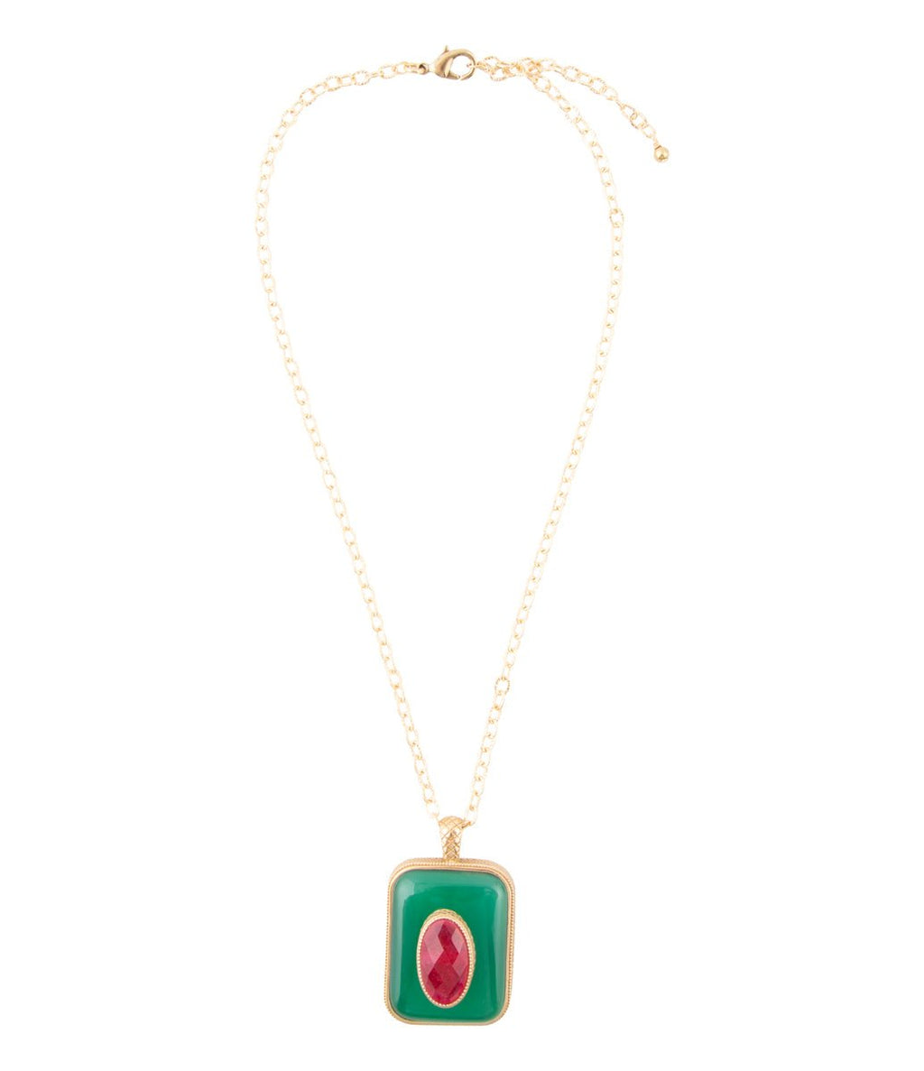Green Onyx Stacked Red Quartz Golden Pendant Necklace