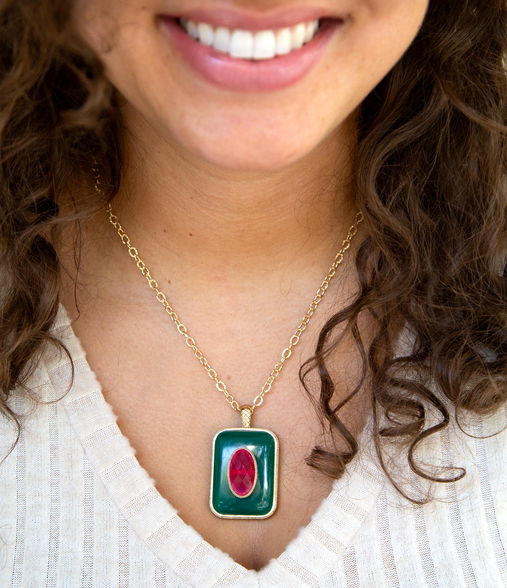 Green Onyx Stacked Red Quartz Golden Pendant Necklace