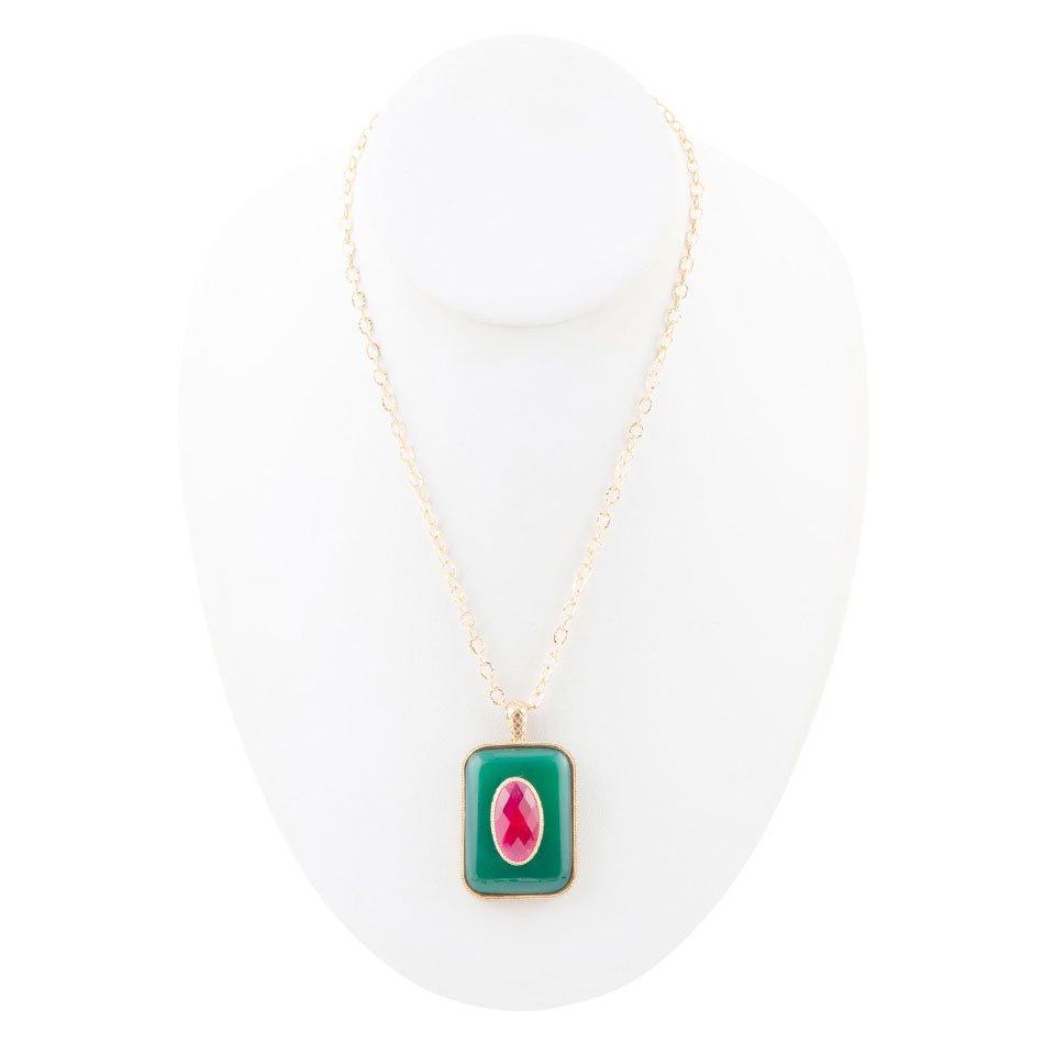 Green Onyx Stacked Red Quartz Golden Pendant Necklace