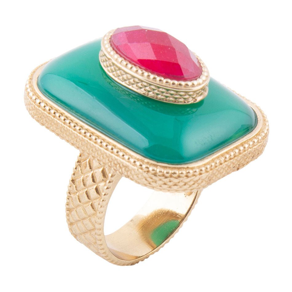 Green Onyx Stacked Red Stone Golden Statement Ring
