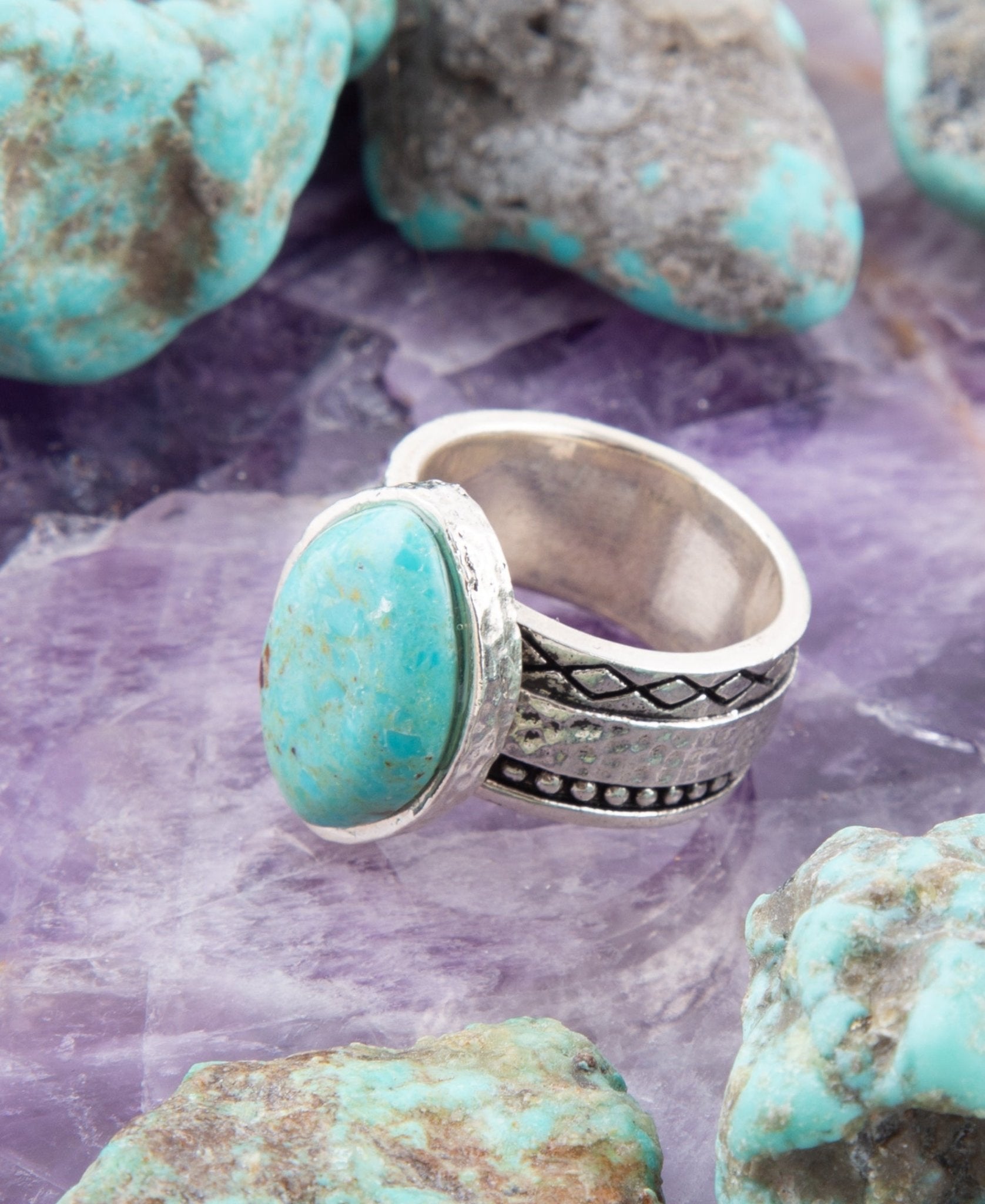 Hammered Big Sterling Silver and Blue Turquoise Ring