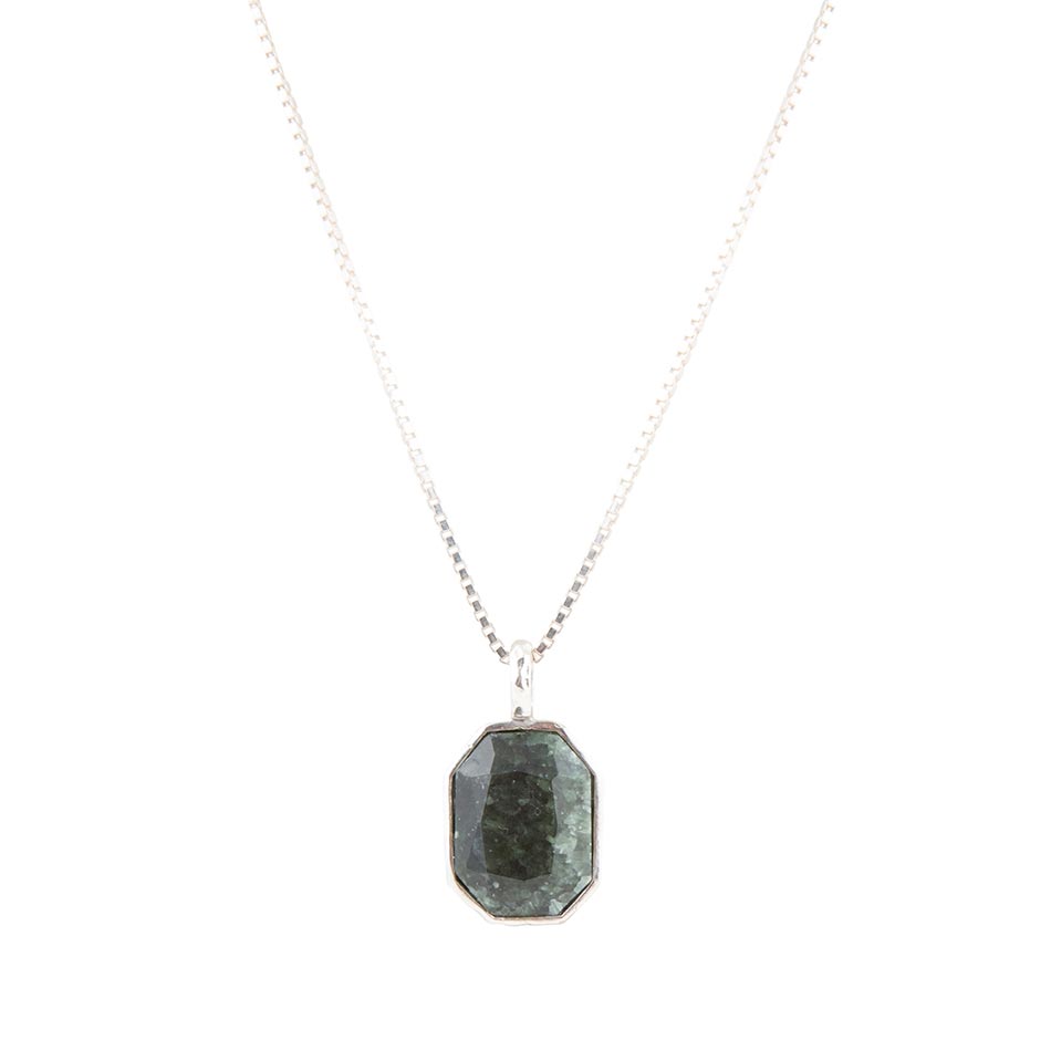 Hammered Green Seraphinite and Sterling Silver Pendant Necklace