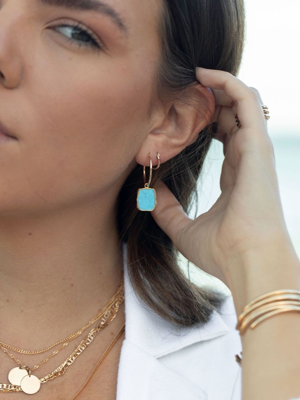 Howlite Turquoise Gold Medium Hoop Earrings - Alaka'i