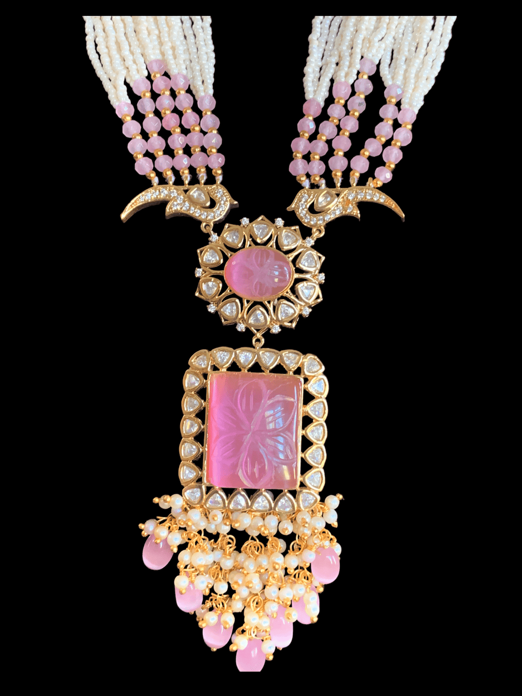 LN93 Mithali high quality cz polki necklace  set -pink( READY  TO SHIP)