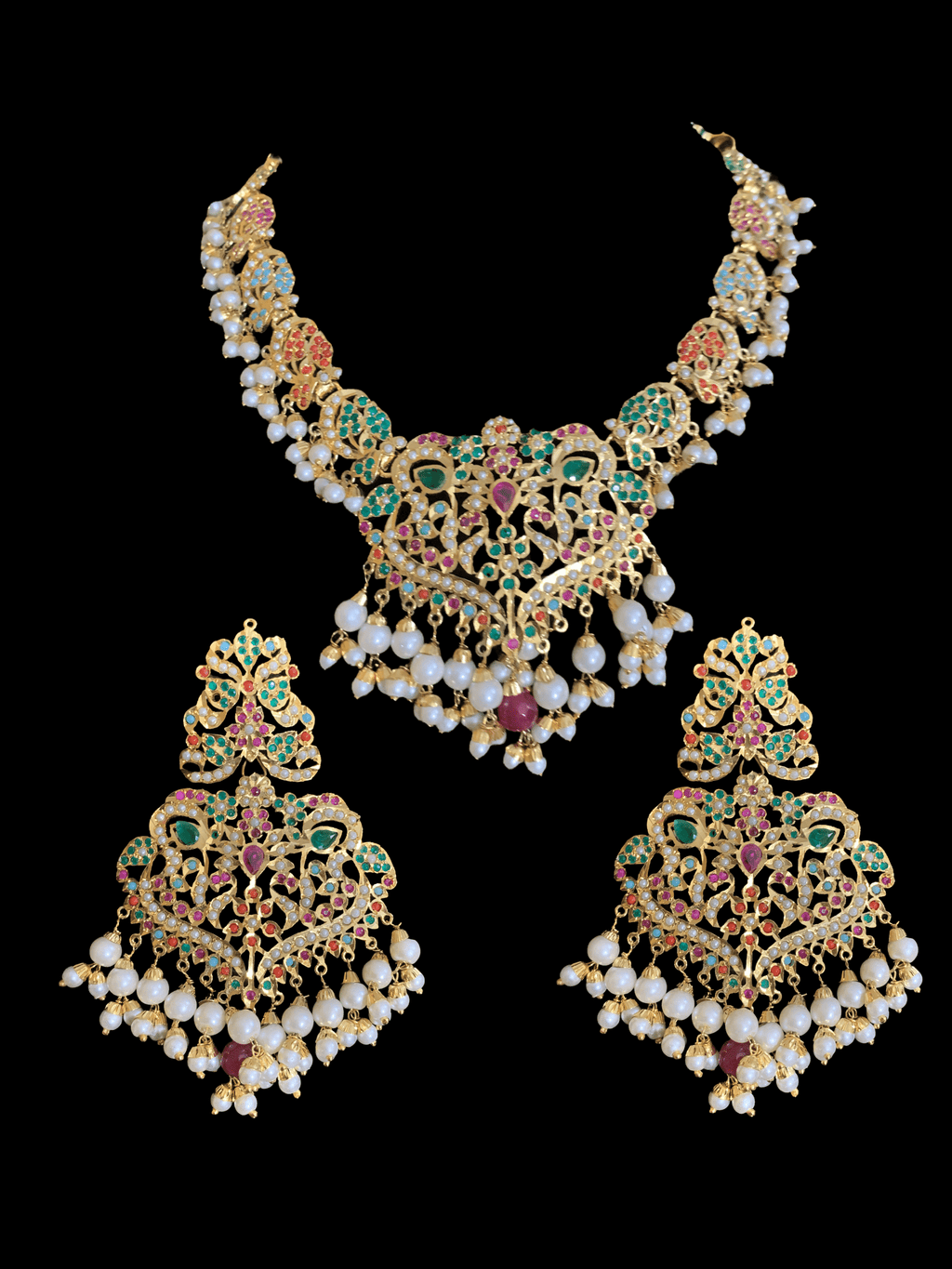 NS70 Neeli navratan jadau pearl necklace with earrings tika (SHIPS IN 3 WEEKS  )