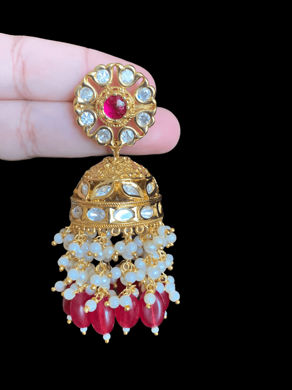 DER334 Shefa polki jhumka - ruby  ( READY TO SHIP )