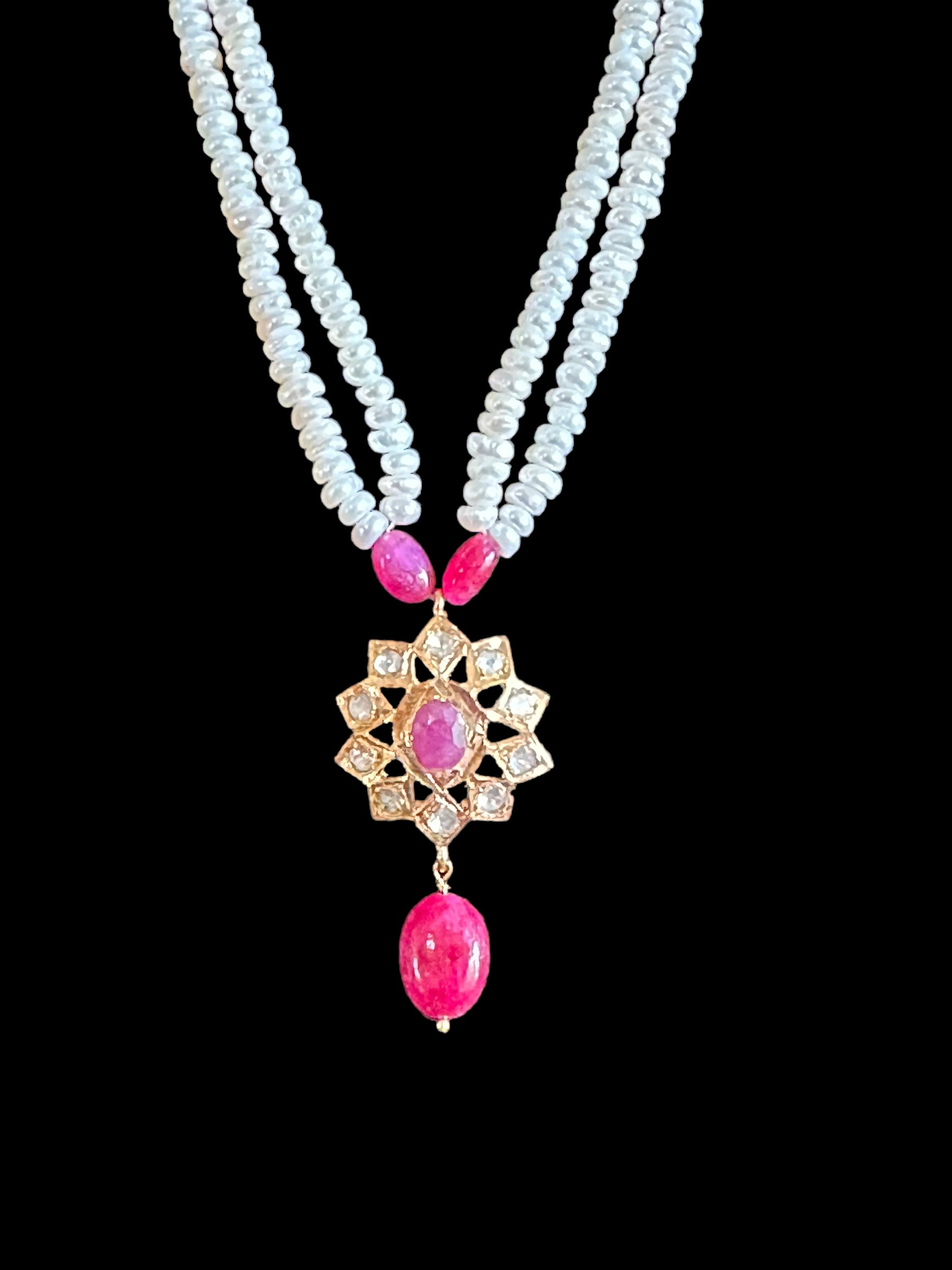 Ruby  with pearl pendant set in gold plated silver ( READY TO SHIP)