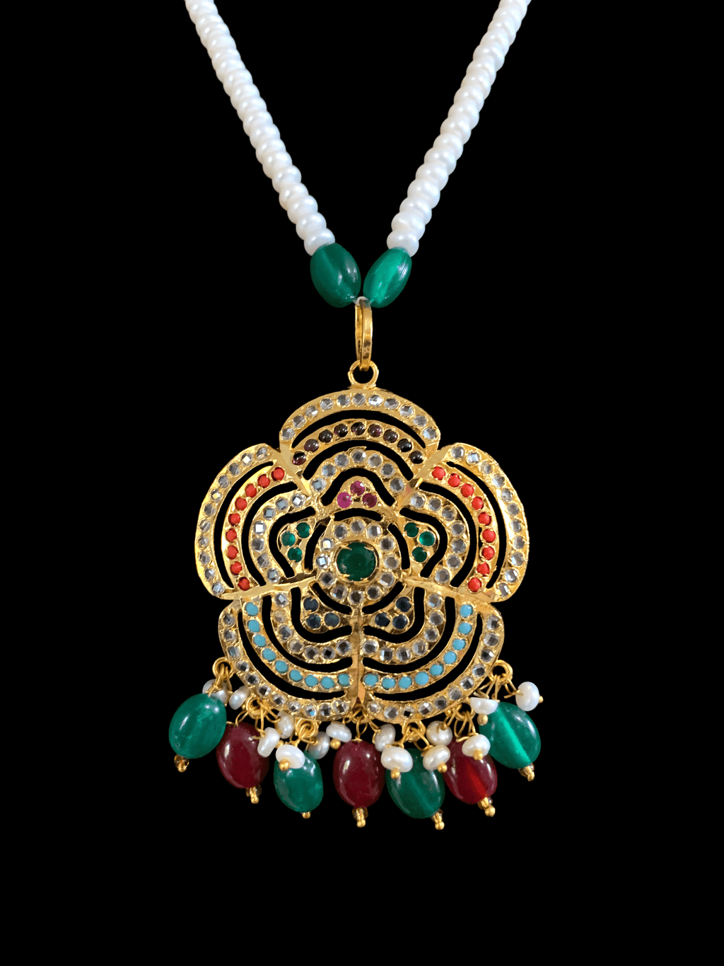 PS329 Shahla Navratan  with fresh water pearl pendant set ( READY TO SHIP )