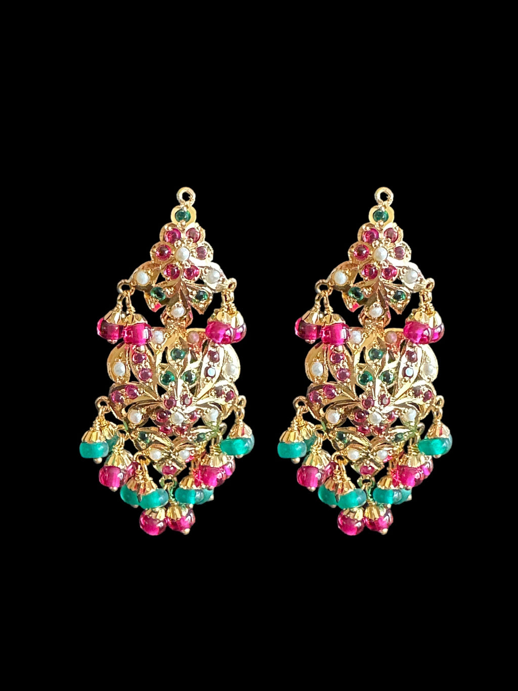 Ruby emerald pearl jadau necklace with earrings in gold plated silver ( READY TO SHIP)