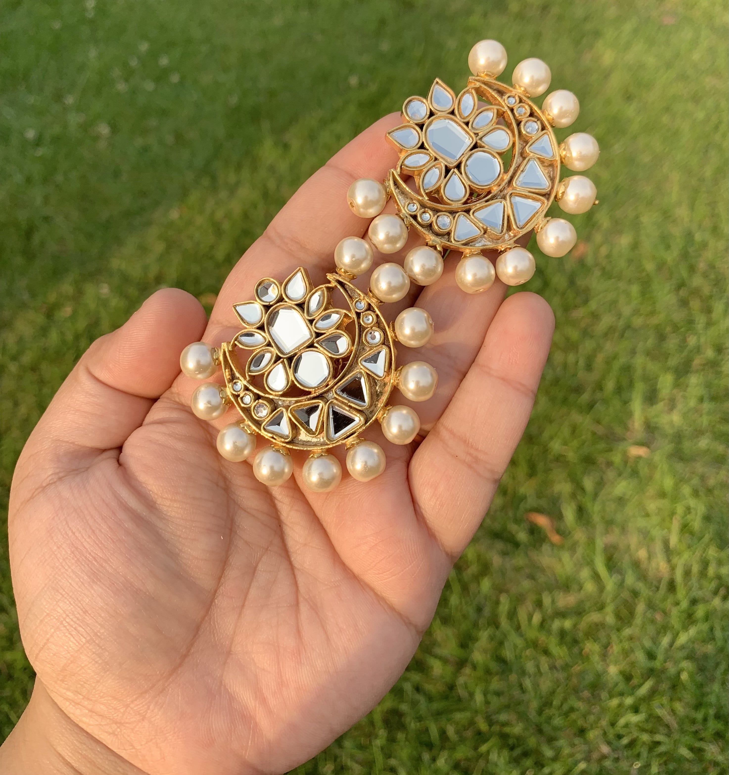 DT1 Niswa Gold-Plated Kundan Tops Handcrafted Pearl Stud Earrings ( READY TO SHIP  )