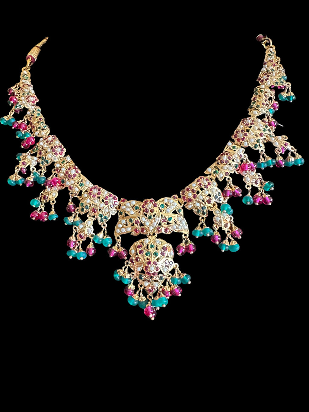 Ruby emerald pearl jadau necklace with earrings in gold plated silver ( READY TO SHIP)