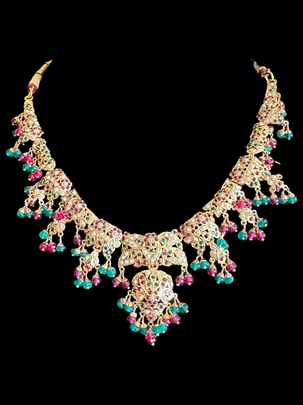 Ruby emerald pearl jadau necklace with earrings in gold plated silver ( READY TO SHIP)