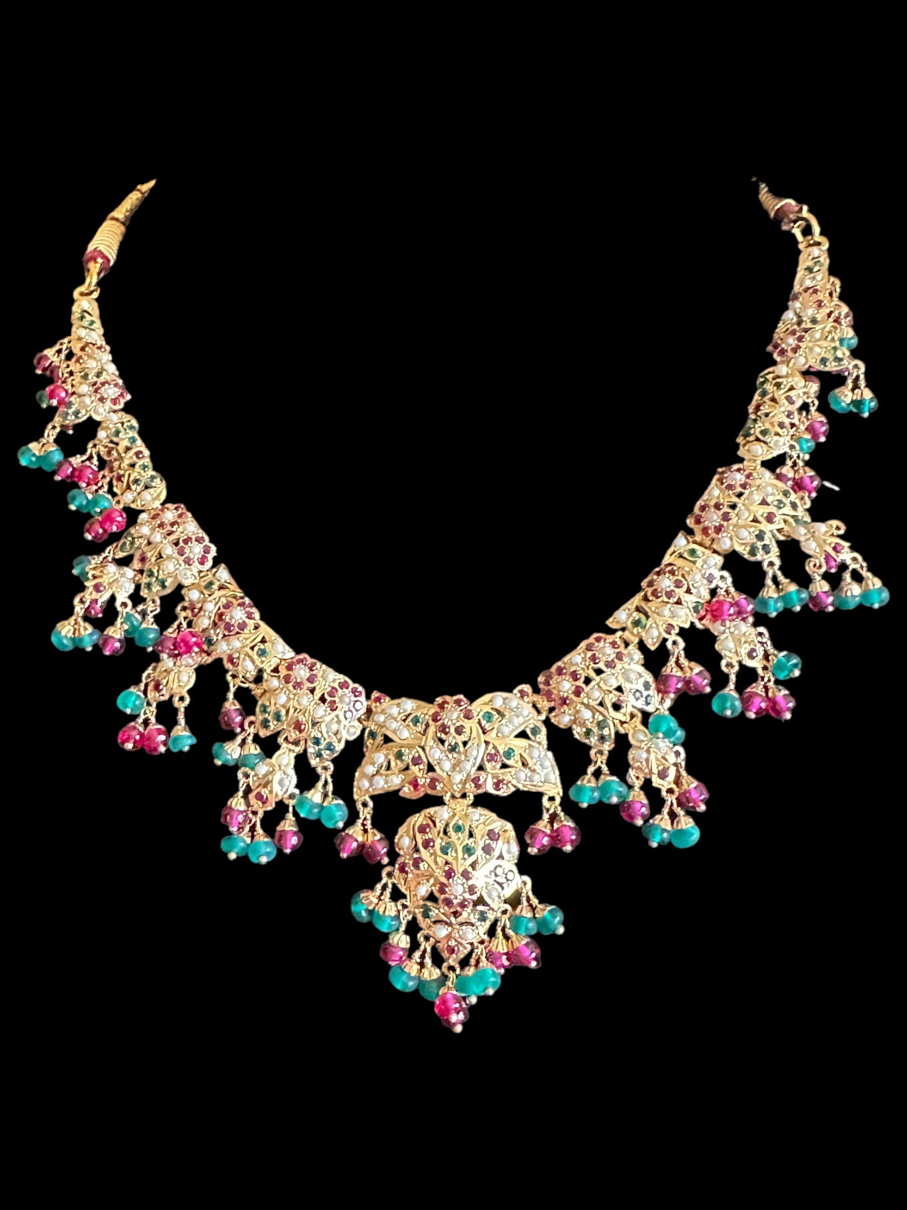 Ruby emerald pearl jadau necklace with earrings in gold plated silver ( READY TO SHIP)