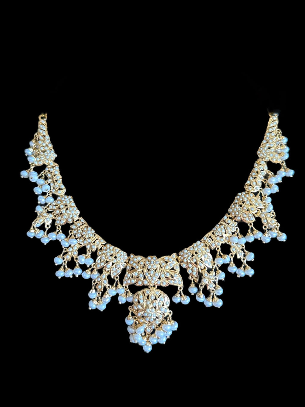 Fresh water pearl jadau necklace with earrings in gold plated silver ( READY TO SHIP)