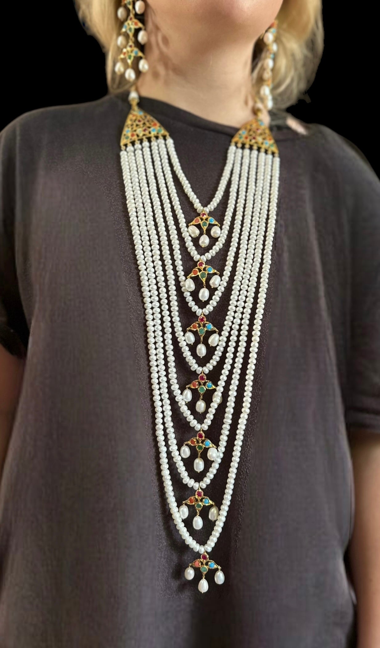 Hyderabadi Navratan satlada in gold plated silver with fresh water pearls (SHIPS IN 5 WEEKS  )