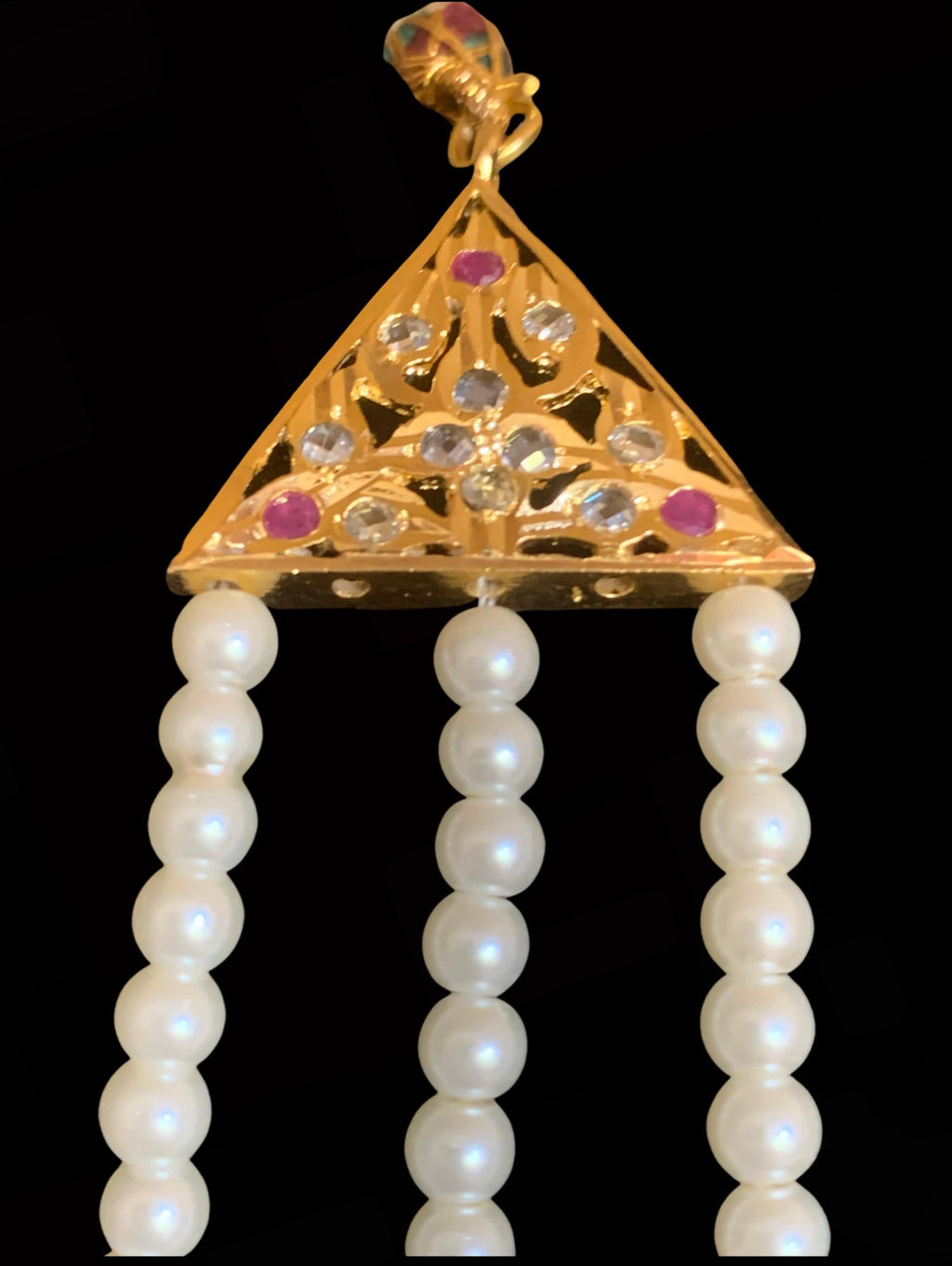 Tooba ruby three layered pearl necklace with earrings and Tika (SHIPS IN 4 WEEKS )