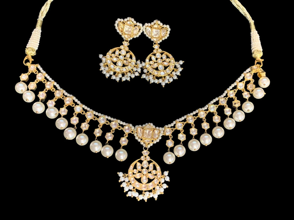 Gold plated silver moissanite and pearl necklace set ( SHIPS IN 4 WEEKS )