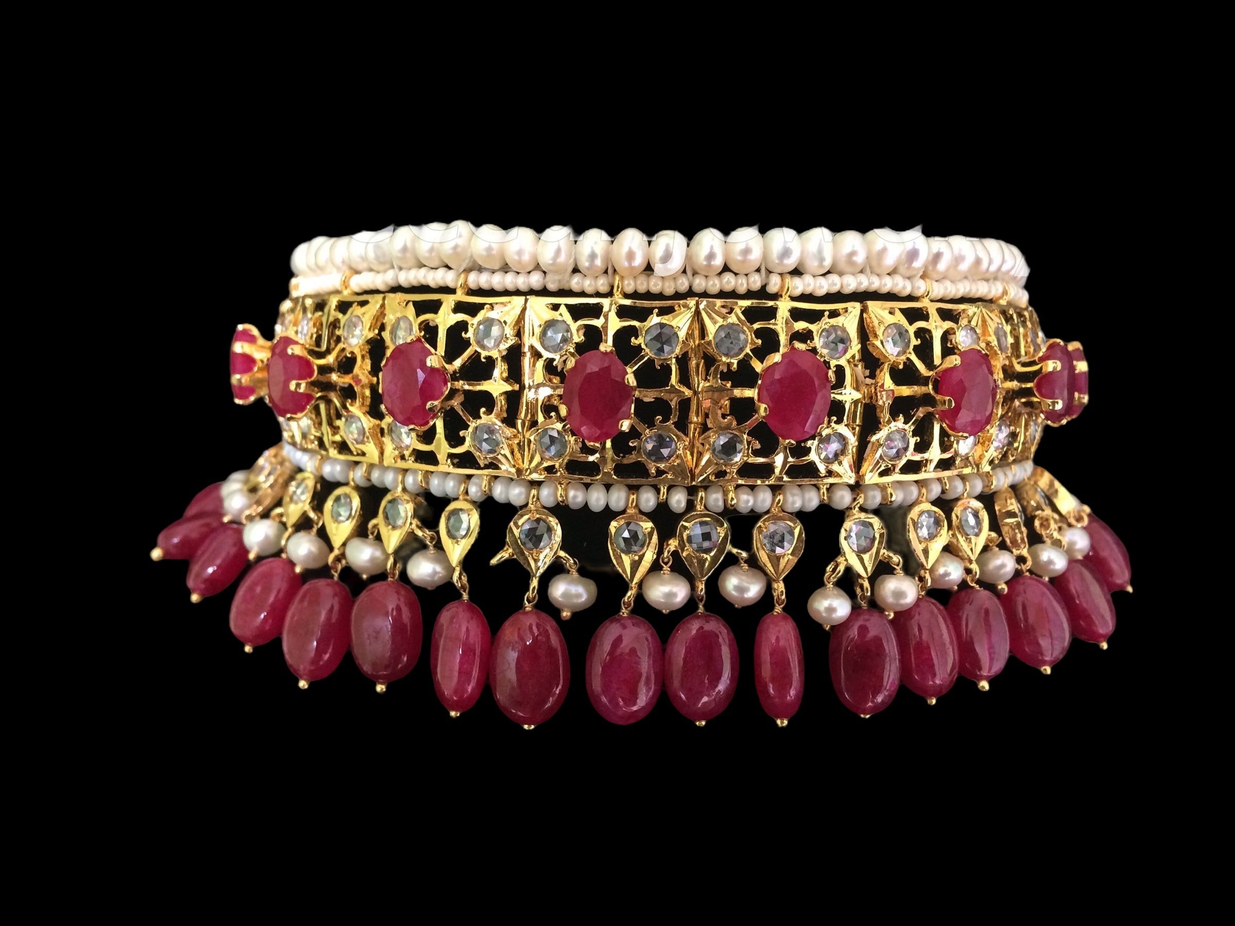 C267 Insia Hyderabadi jadavi lacha choker with fresh water  pearls and rubies ( SHIPS IN 1 WEEK )