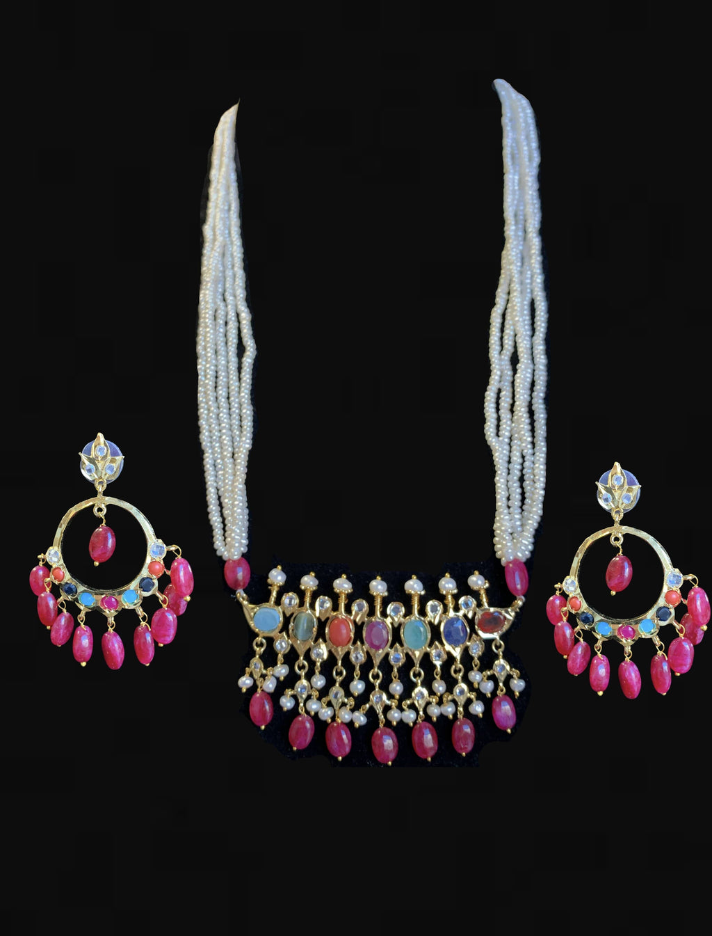 PS509 Tirmani Necklace in Navratan with Freshwater Pearls and Chandbali Earrings – Gold-Plated Lightweight Jewelry ( READY TO SHIP )