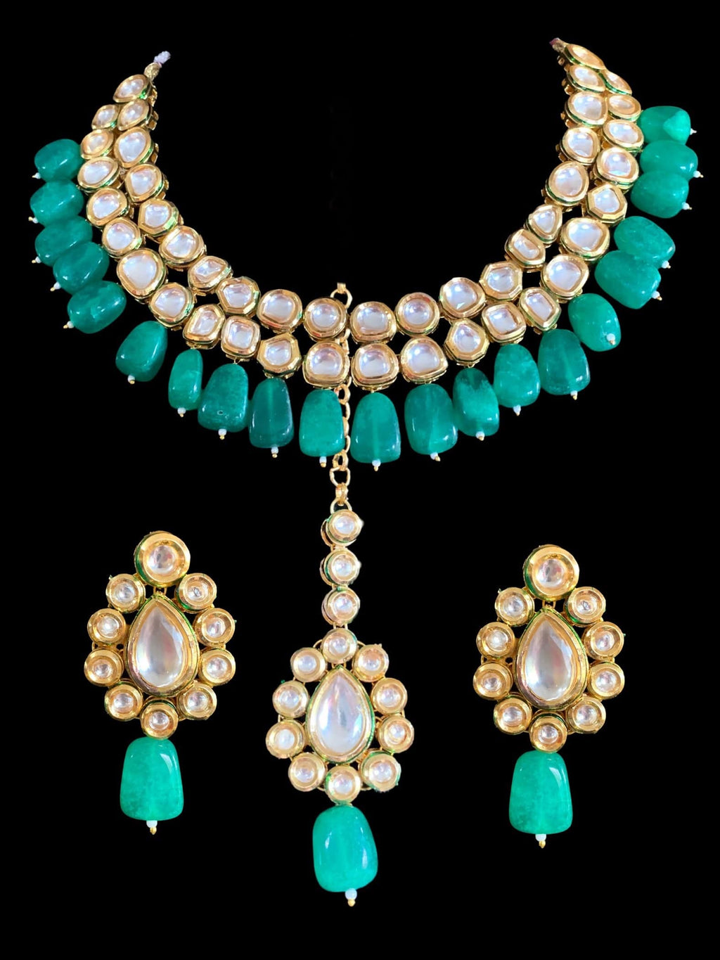 Mohini bridal necklace in high quality kundan with green quartz  beads (SHIPS IN 2 WEEKS )
