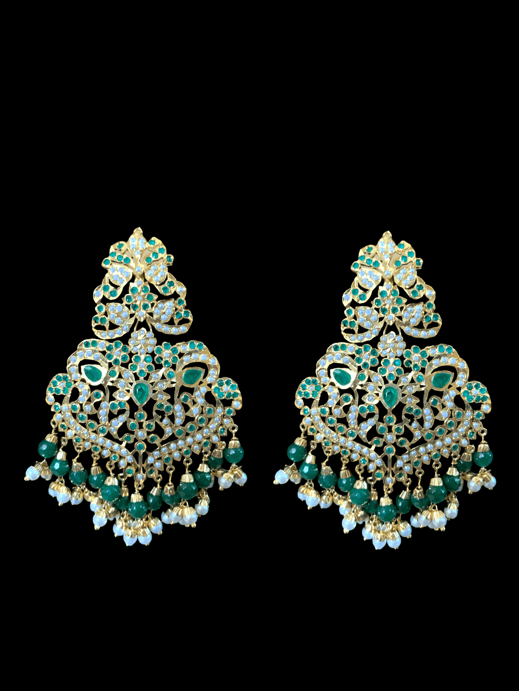 NS73 Neeli jadau pearl necklace with earrings tika in emerald(SHIPS IN 4 WEEKS )